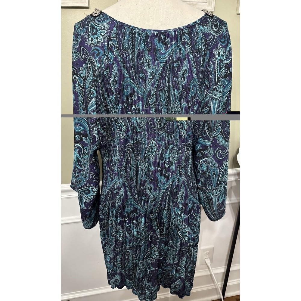 Catherines Bejeweled Pleated Blouse 3x V Neck Paisley Blue Resortwear - Picture 5 of 10